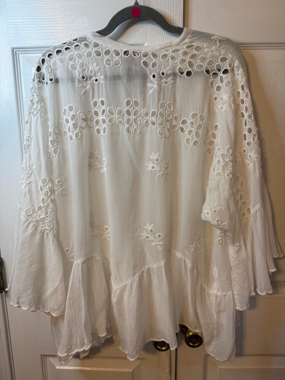 Johnny Was White Sheer Embroidered Tie-Front Kimono Blouse - Picture 3 of 4